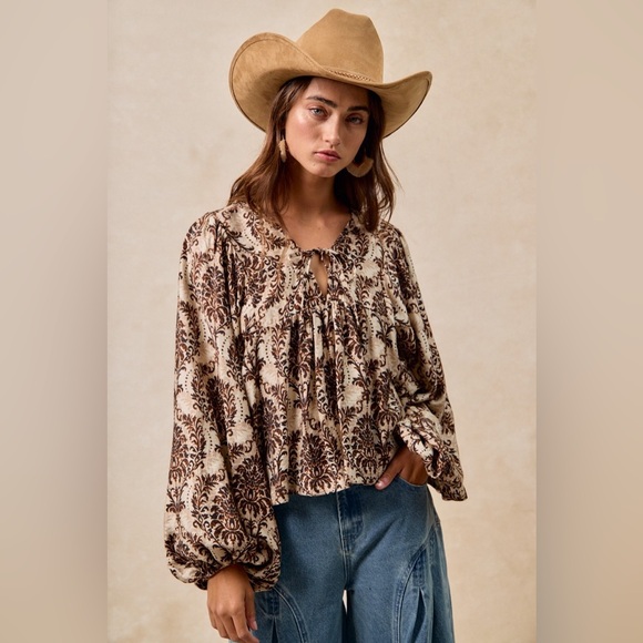BiBi Printed Woven Front Tied Blouse with Baloon Sleeve - Picture 1 of 15